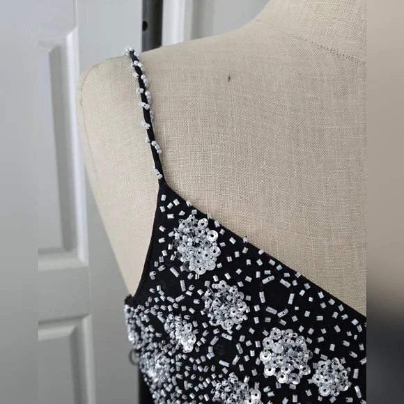 Asymmetrical Beaded Chiffon Black and White Formal Dress - Picture 4 of 8